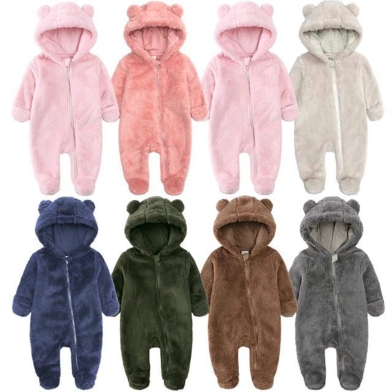New Born Baby Rompers Infant Clothes Winter Newborn Baby Boy Girl Zipper Bodysuit Bear Fleece Hooded Pyjamas (Any Color) image