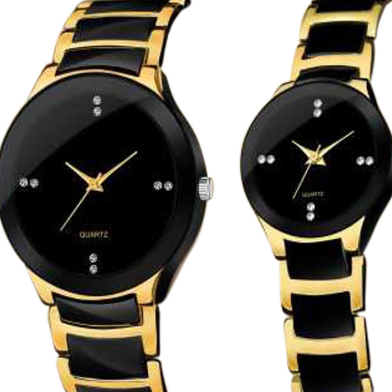 New Collection Stainless Steel Chain Couple Gold and Black Watch With Box - Watch For Women and Man image