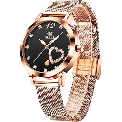 OLEVS Women's Quartz Watch With a Rose Gold olored stainless steel band and a faceted dark blue dial image