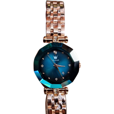 OLEVS Women's Quartz Watch With a Rose Gold Colored stainless steel band and a faceted dark blue dial image