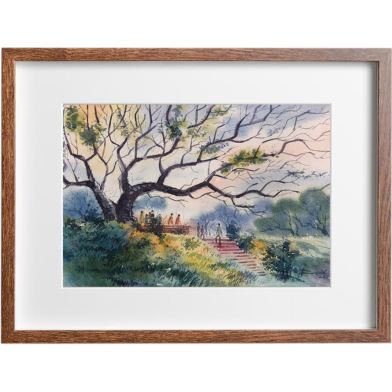 Mahmudur Rahman Rial Old Tree Watercolor Landscape - (16x13) Inches image
