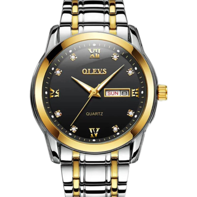 Olevs Golden And Silver Two Tone Stainless Steel Analoge Wrist Watch For Men - Black And Silver And Golden image