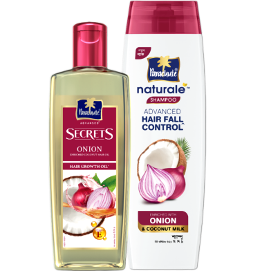 Onion Bundle Parachute Advansed Secrets Onion Hair Growth Oil 200ml Parachute Naturale Shampoo Onion Hair Fall Control 320ml image
