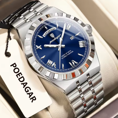 Poedagar 675 Men’s Quartz Watch | Stainless Steel | Imported Movement | Waterproof | Silver Blue image