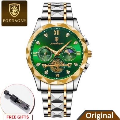 POEDAGAR 996 Stainless Steel Chronograph Luminous Quartz Watch For Men - Toton White Color image