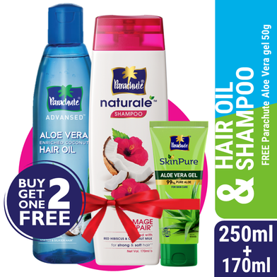 Parachute Hair Oil Advansed Aloe Vera Enriched Coconut 250ml Plus Parachute Naturale Shampoo Damage Repair 170ml (Free SkinPure Aloe Vera Gel 50g) image