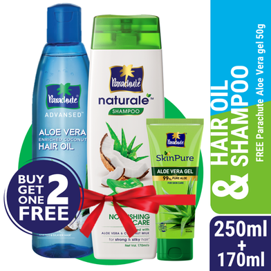 Parachute Hair Oil Advansed Aloe Vera Enriched Coconut 250ml Plus Parachute Naturale Shampoo Nourishing Care 170ml (Free SkinPure Aloe Vera Gel 50g) image