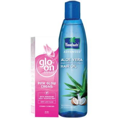 Parachute Hair Oil Advansed Aloe Vera Enriched Coconut 150ml and Glo-On Pink Glow Cream 50g Combo image