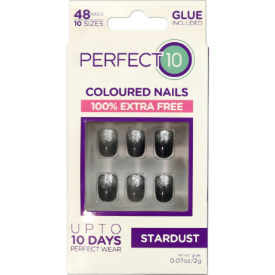 Perfect 10 Stardust False Coloured Nails with Glue - Black and Silver Nails 48pcs image