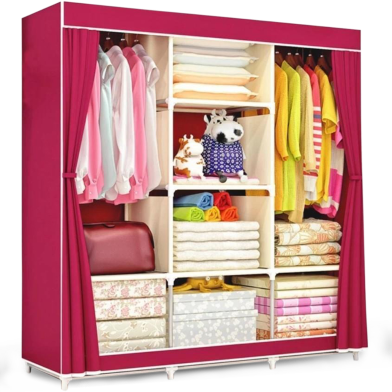Portable Fabric Wardrobe Foldable 3 Door Clothes Closet With Shelves And Hanging Rod Rose Color image