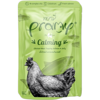 Pramy Cat Pouch Food CALMING - Chicken Meat Topping Salmon in Jelly For Adult Cat 70gm | Cat Wet Food image