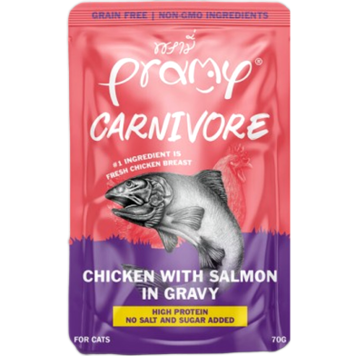 Pramy Cat Pouch Food Carnivore - Chicken with Salmon in Gravy For All Age Cats 70gm | Cat Wet Food image