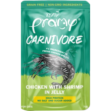 Pramy Cat Pouch Food Carnivore - Chicken with Shrimp in Jelly For All Age Cats 70gm | Cat Wet Food image