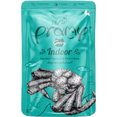 Pramy Cat Pouch Food INDOOR - Tuna Meat Topping Crab in Gravy For All Age Cats 70gm | Cat Wet Food image