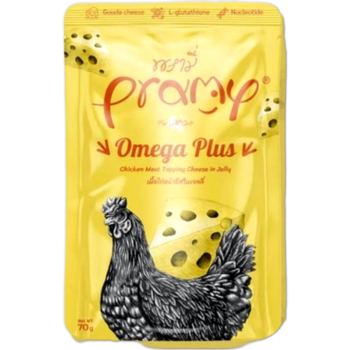 Pramy Cat Wet Food OMEGA PLUS - Chicken Meat Topping Cheese in Jelly For All Age Cats 70gm | Cat Wet Food image