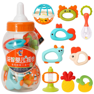 Premium Children's Teether Set Early Education Training Toy for Baby Hand Teether With Jhunjhuni - 9 pcs image