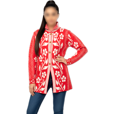 Premium Floral High Neck Long Cardigan Button Down Knit Sweater For Ladies image