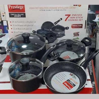 Prestige Omega Granite (Set of 7 Pcs with Sos Pan, korai, fry pan, milk pan ) Induction Bottom Cookware Set (Aluminium, 7 - Pcs) image