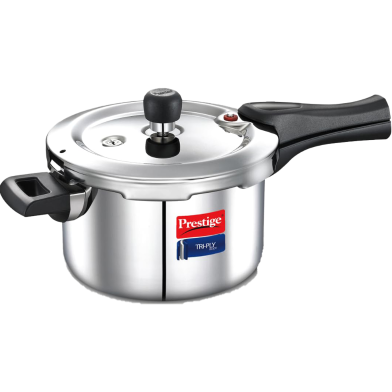 Prestige Triply Outer Lid Induction Compatible Pressure Cooker Silver Deep Lid Spillage Control Even Heat Distribution image