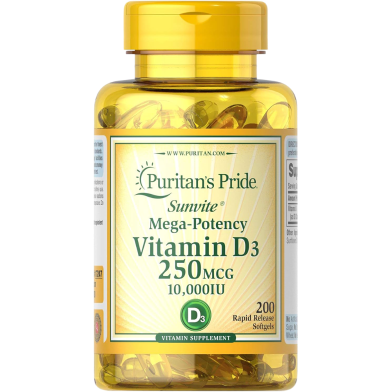 Puritan'S Pride Mega Potency Vitamin D3 250mcg 10,000 IIU 200 Softgels image