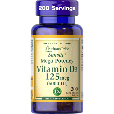 Puritan'S Pride Vitamin D3 125mcg (5,000 Iu) 200 Softgels image