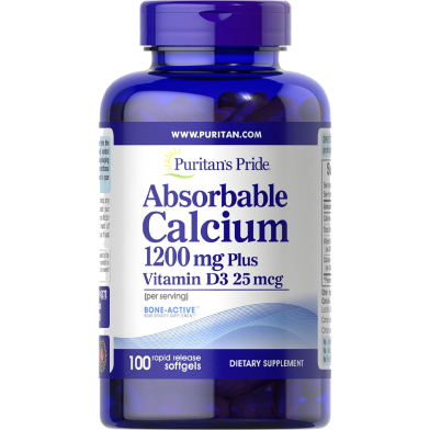 Puritan’s Pride Absorbable Calcium 1200 mg With Vitamin D 1000 IU 100 Softgels -282224150 image