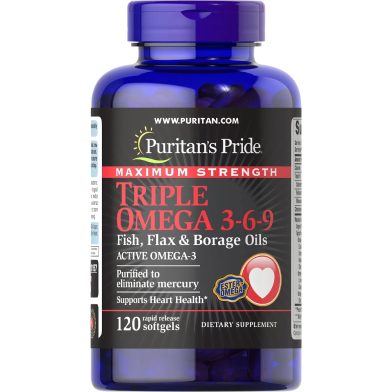 Puritan’s Pride Maximum Strength Triple Omega 3-6-9 Fish Flax and Borage Oils 120 Softgels image