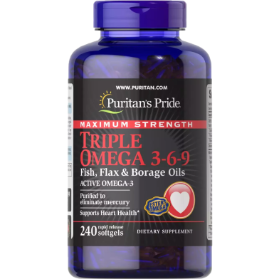 Puritan’s Pride Maximum Strength Triple Omega 3-6-9 Fish Flax and Borage Oils 240 Softgels image