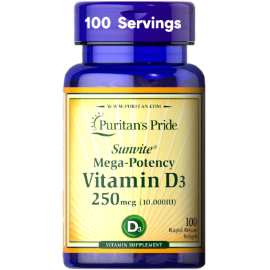 Puritan's Pride Mega Potency Vitamin D3 250Mcg (10000 Iu) 100 Softgels image