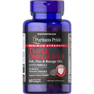 Puritan's Pride Triple Omega 3-6-9 Fish and Flax Oils-60 Softgels (USA) image