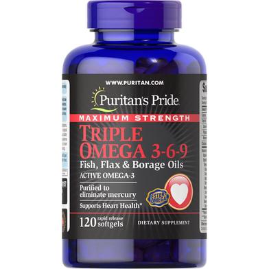 Puritan's Pride Triple Omega 3-6-9 Fish and Flax Oils - 120 Softgels -337321551 image