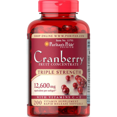 Puritan's Pride Triple Strength Cranberry Fruit Concentrate 12,600mg 200 Count Softgels image