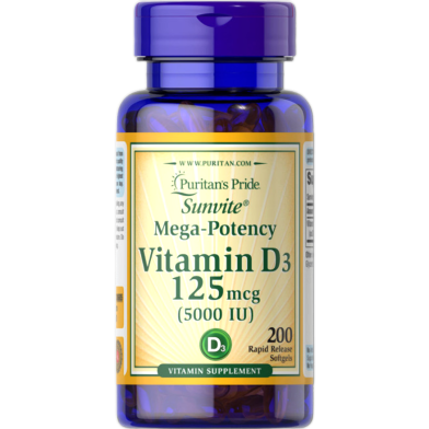 Puritan's Pride Vitamin D3 125mcg 5000 Iu 200 Softgels - 25077306855 image