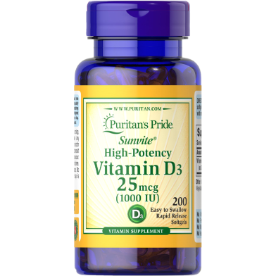 Puritan’s Pride Vitamin D3 25mcg (1000 IU) 200 Softgels image