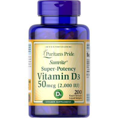 Puritan's Pride Vitamin D3 50mcg 2000 Iu 200 Softgels - 25077176182 image