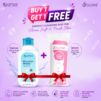 Quinsia Miceller Water 100ml With Get Qolore Cloud Soft Cotton Pads 80Pcs (Buy 1 Get 1 FREE) image