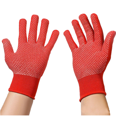 Red Knitted Cotton And PVC Dotted Hand Gloves For Construction Industrial Welding Kitchen Gardening Work image