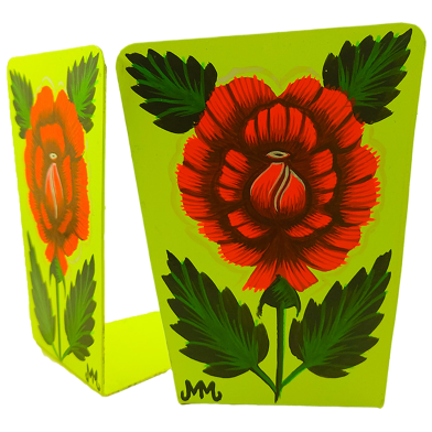 Rickshaw Art Hand Painted Tin Bookend - Green (Red Flower Printed) image