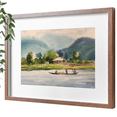 Mahmudur Rahman Rial River and Hill Watercolor Painting - (18x15) Inches image