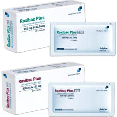 Roxibac Plus 250 mg, 62.5 mg Tablet 7's strip image