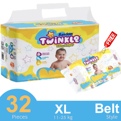 Savlon Twinkle Belt System Baby Diaper XL (11-25 kg) (32 Pcs) ( Buy 1 Get XL 4 Pcs Pack Free) image
