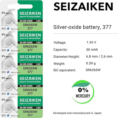 Seizaiken 377 SR626SW 1.55V 0 Percent Hg Silver Oxide Watch Battery Made In Japan Slide 2