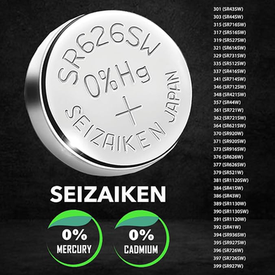 Seizaiken 377 SR626SW 1.55V 0 Percent Hg Silver Oxide Watch Battery Made In Japan Slide 4