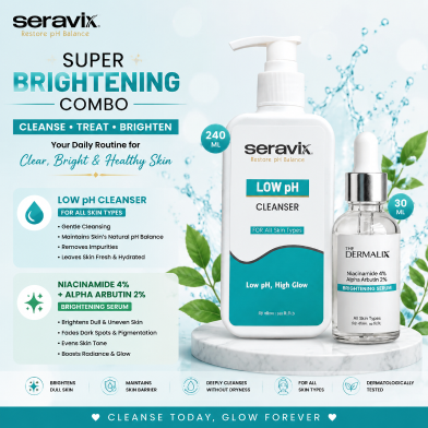 Seravix Low Ph Cleanser For All Skin Types 240ml With The Dermalix Niacinamide 4 Percent Plus Alpha Arbutin 2 Percent Brightening Serum 30ml (Super Brightening Combo) image