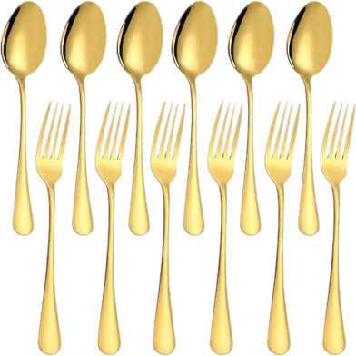 Set of 12 Gold Plated Stainless Steel Heavy-Duty Forks (6 Inch) and Spoons (6 Inch) Cutlery Set image