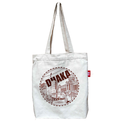 Sevendays Dhaka Line (Brown Print Round) White Canvas Tote Bag with Inside Pocket image