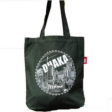 Sevendays Dhaka Line (White Print Round) Olive Canvas Tote Bag With Inside Pocket image