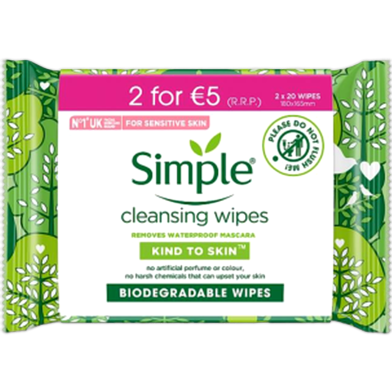 Simple Biodegradable Cleansing Wipes Twin Pack 20 Wipes image