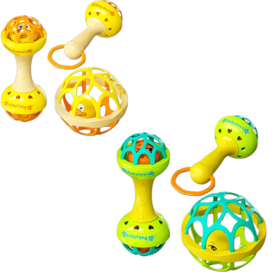 Soft Glue Dumbbell and Ball Baby Set Hand Teether with Jhunjhuni - 3 pcs image