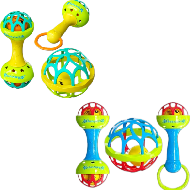 Soft Glue Dumbbell and Ball Baby Set Hand Teether With jhunjhuni - 3 pcs image
